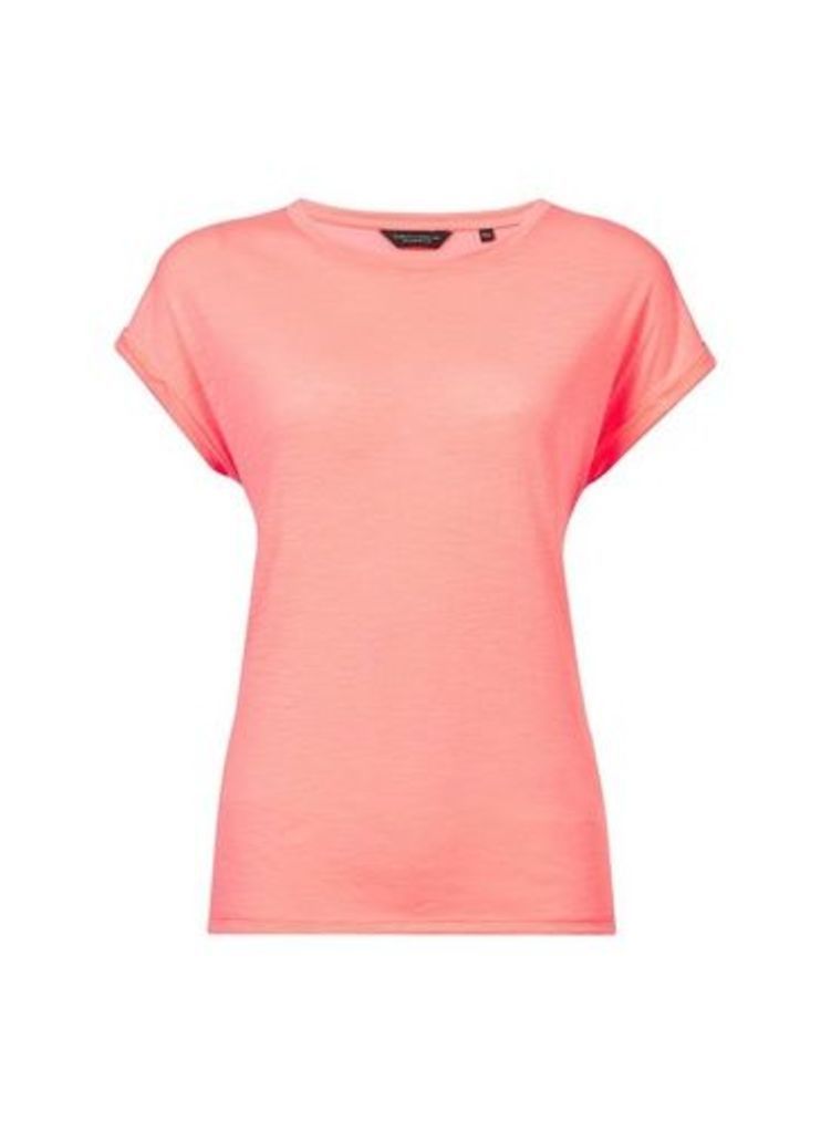 Womens Neon Coral Roll Sleeve T-Shirt- Coral, Coral
