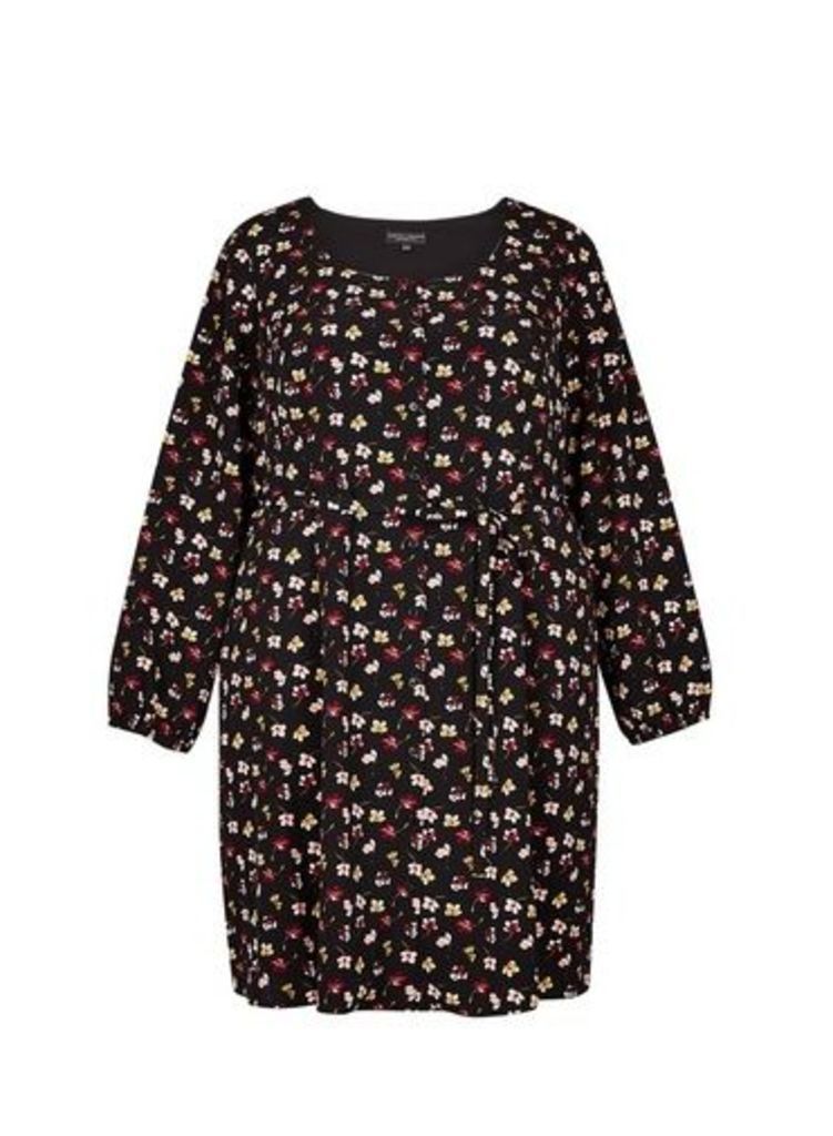 Womens Dp Curve Plus Size Multi Colour Floral Print Button Detail Tea Dress- Black, Black