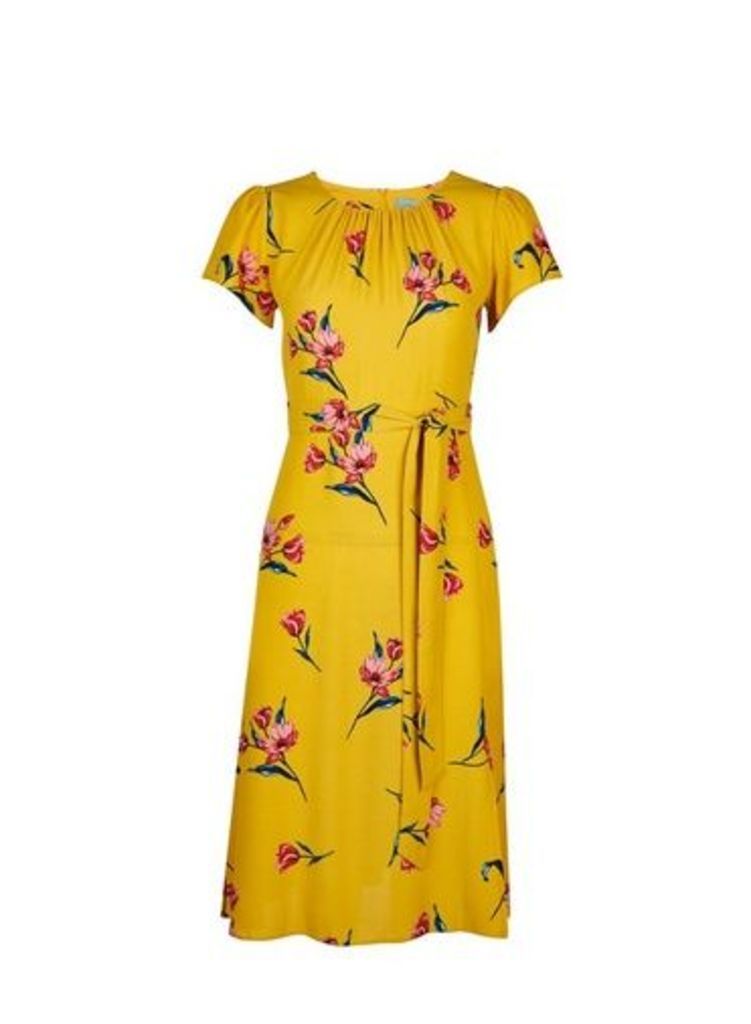 Womens Petite Yellow Floral Print Midi Dress, Yellow