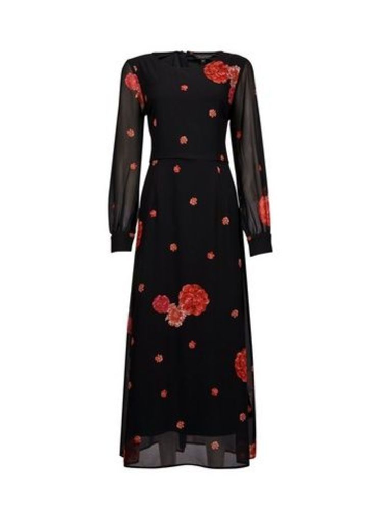 Womens Multi Colour Floral Print Boarder Maxi Dress- Black, Black