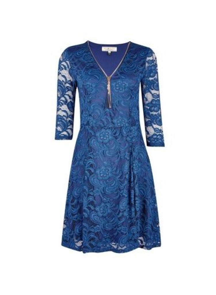 Womens **Billie & Blossom Navy Lace Zip Fit And Flare Dress- Blue, Blue