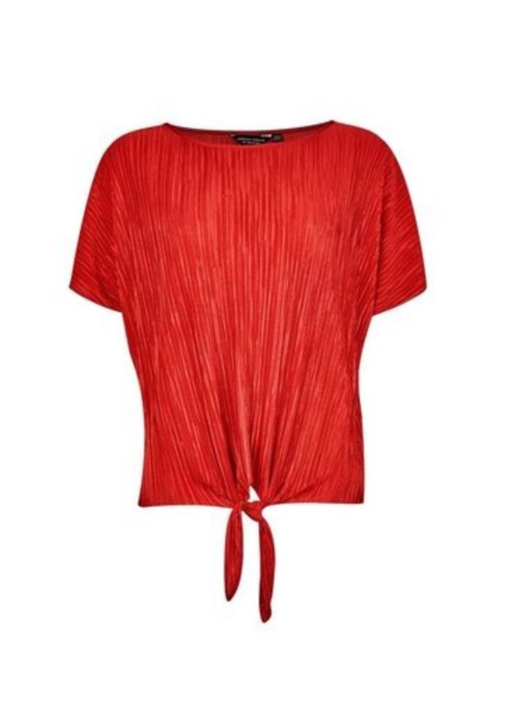 Womens Rust Tie Front Plisse Top- Red, Red