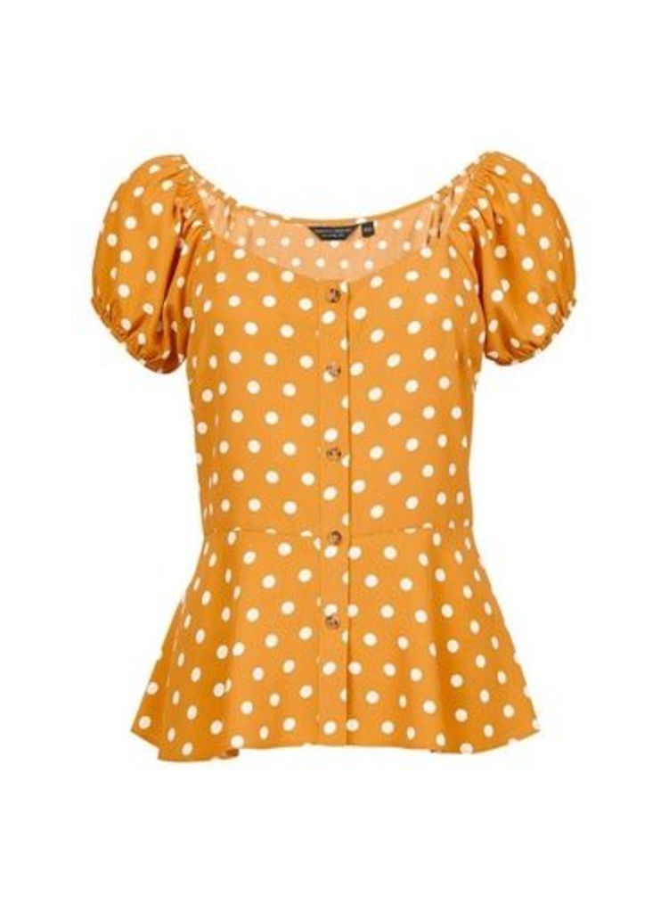 Womens Yellow Spotted Button Through Top- Yellow, Yellow