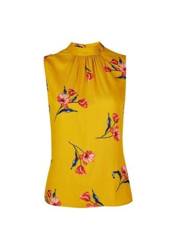 Womens Petite Yellow High Neck Floral Print Top, Yellow