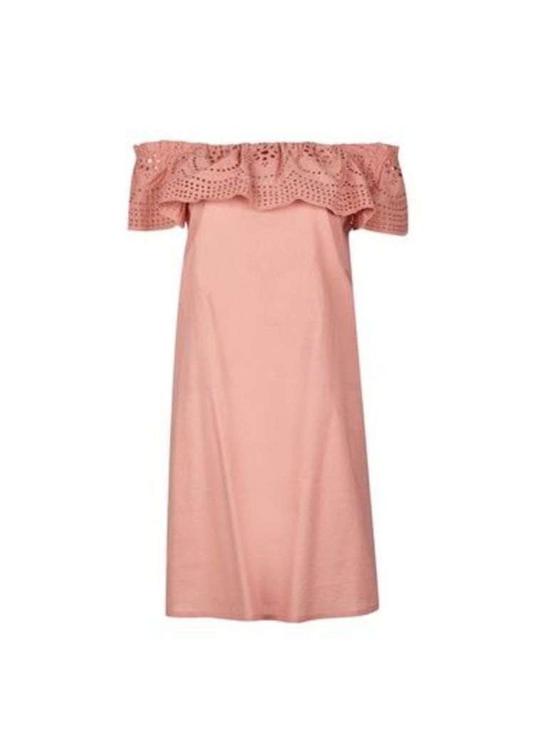 Womens Blush Broderie Frill Cotton Dress- Pink, Pink