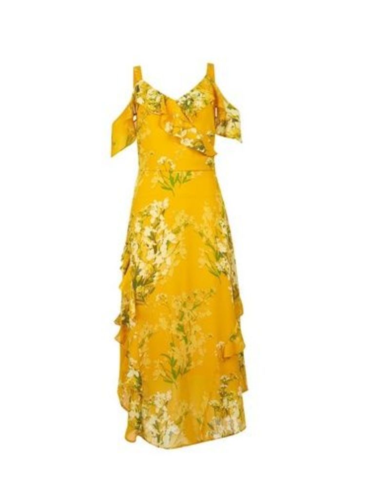 Womens Yellow Floral Print Cold Shoulder Maxi Dress- Yellow, Yellow