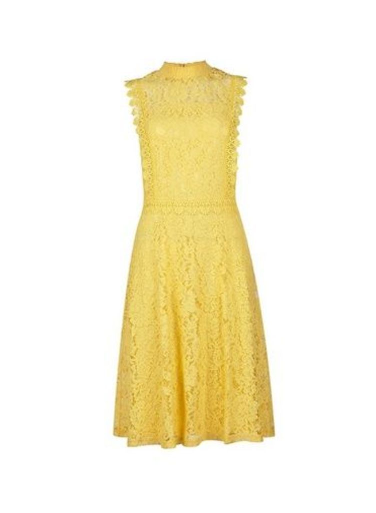 Womens Yellow Shirred Neck Lace Midi Dress- Yellow, Yellow