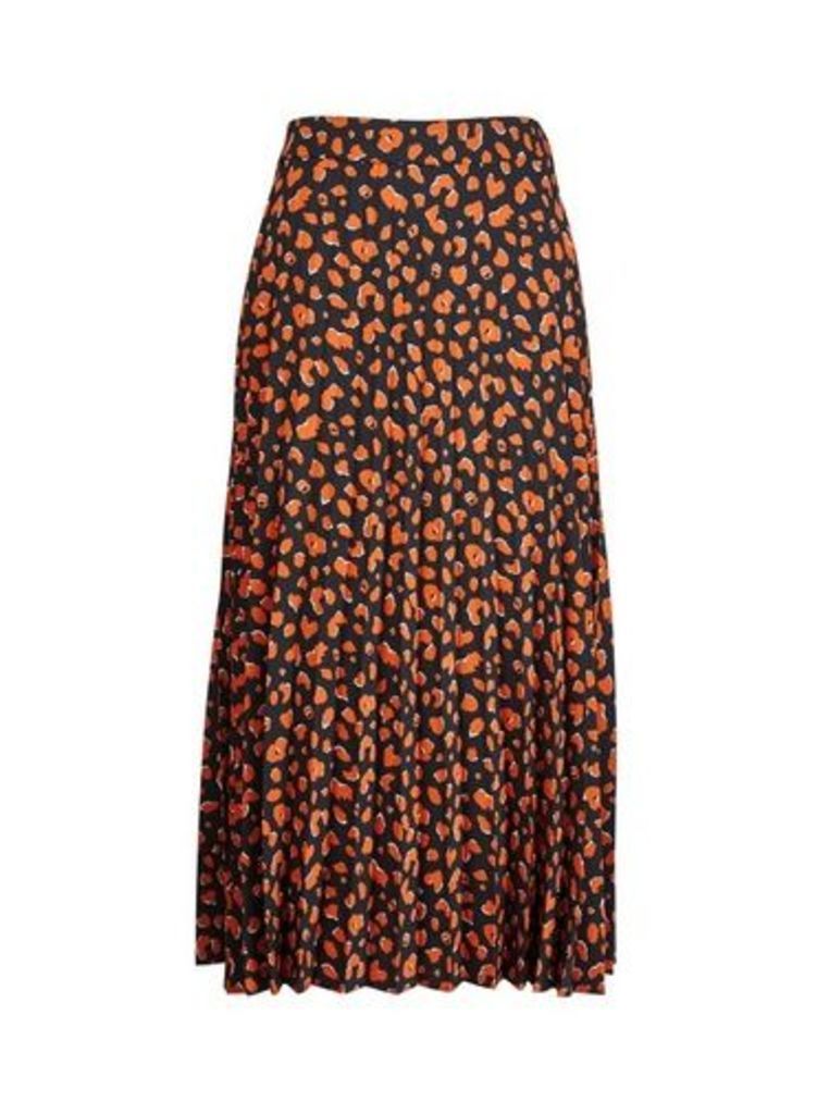 Womens Brown Cheetah Print Pleated Midi Skirt- Brown, Brown