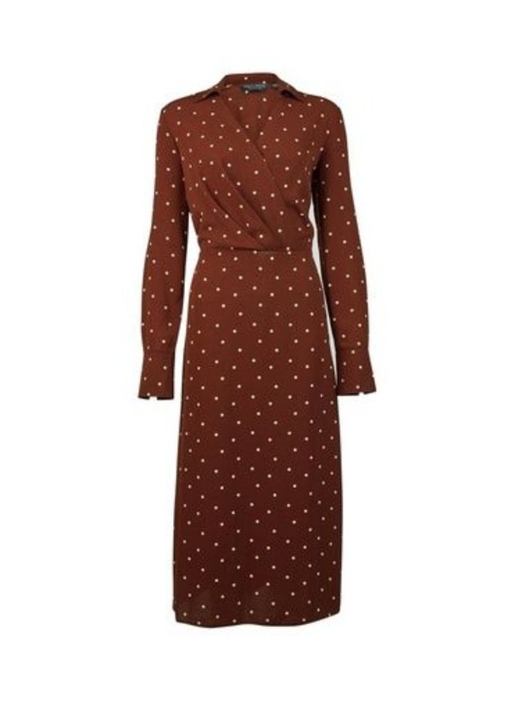 Womens **Tall Brown Spot Print Midi Dress, Brown