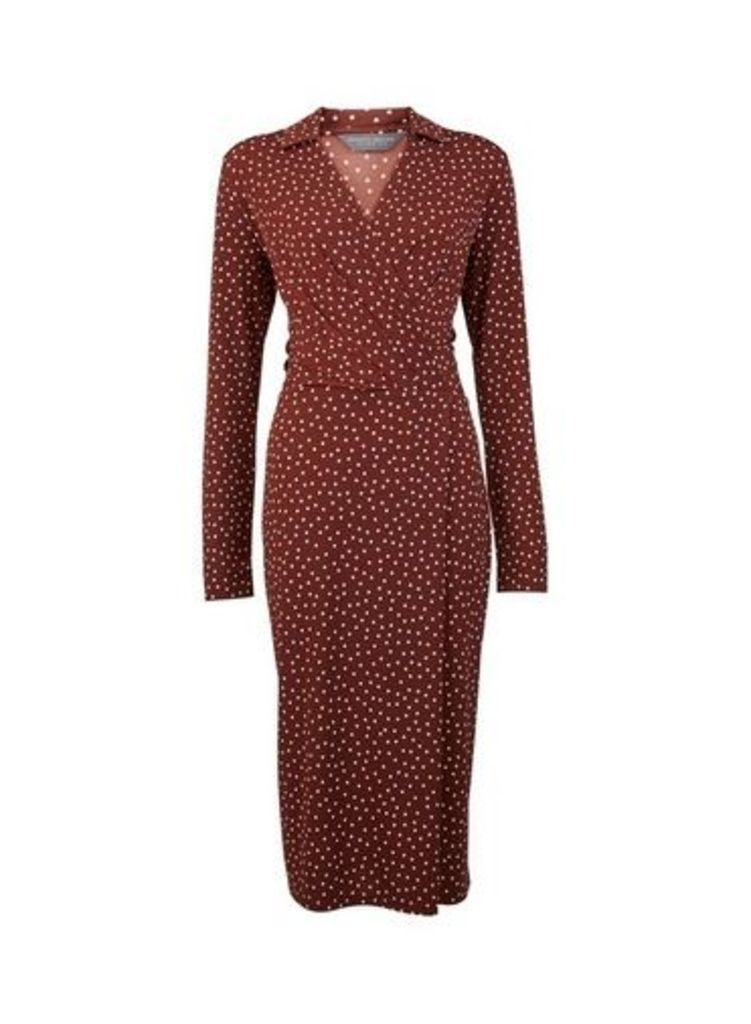 Womens Tall Brown Spotted Midi Wrap Dress, Brown