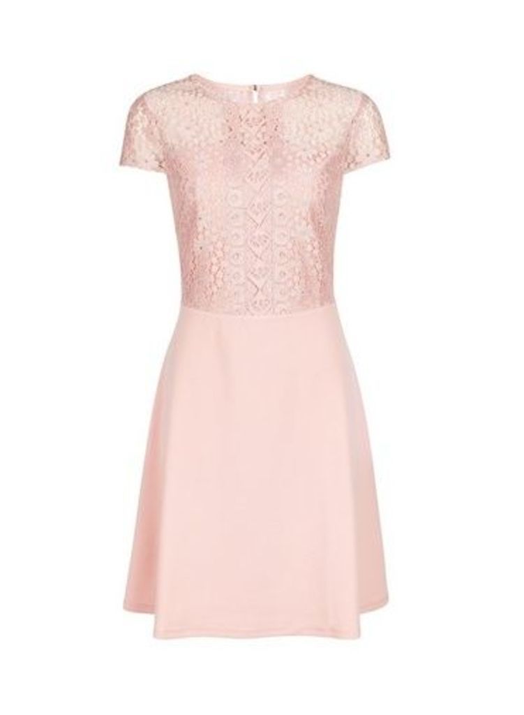 Womens Pink Scuba Lace Top Fit And Flare Dress- Pink, Pink