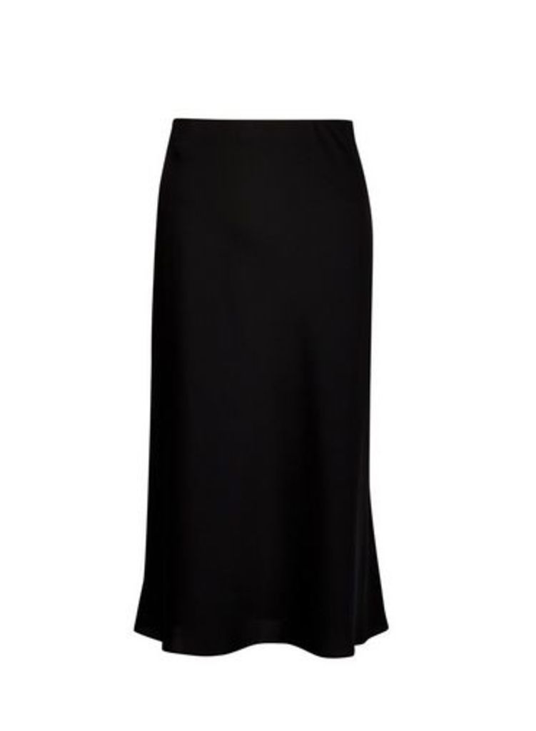 Womens Black Bias Satin Midi Skirt, Black