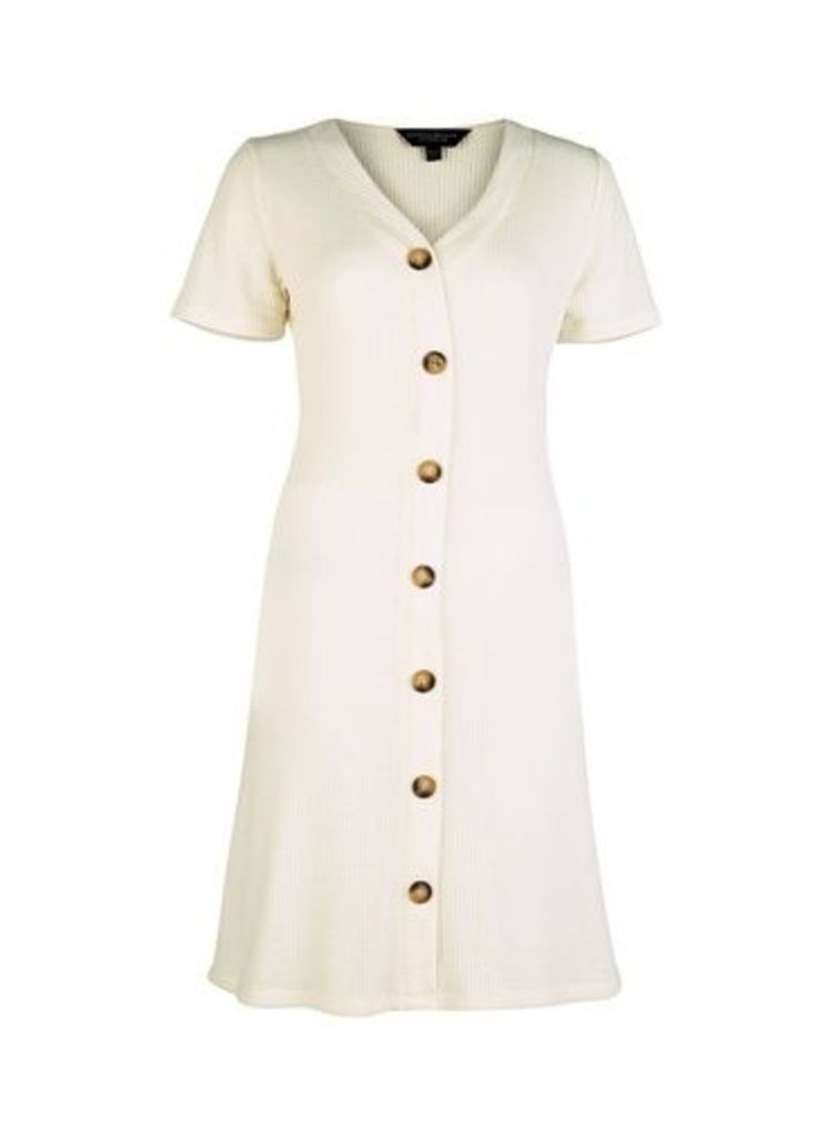 Womens Cream Ribbed With Horn Effect Button Fit And Flare Dress, Cream