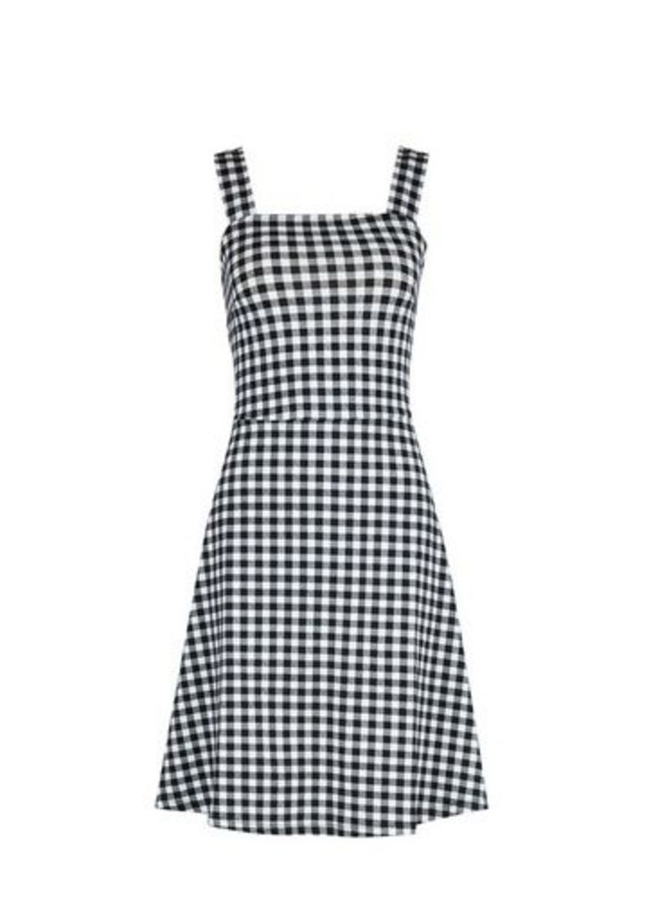 Womens Black Gingham Tie Strap Fit And Flare Dress, Black