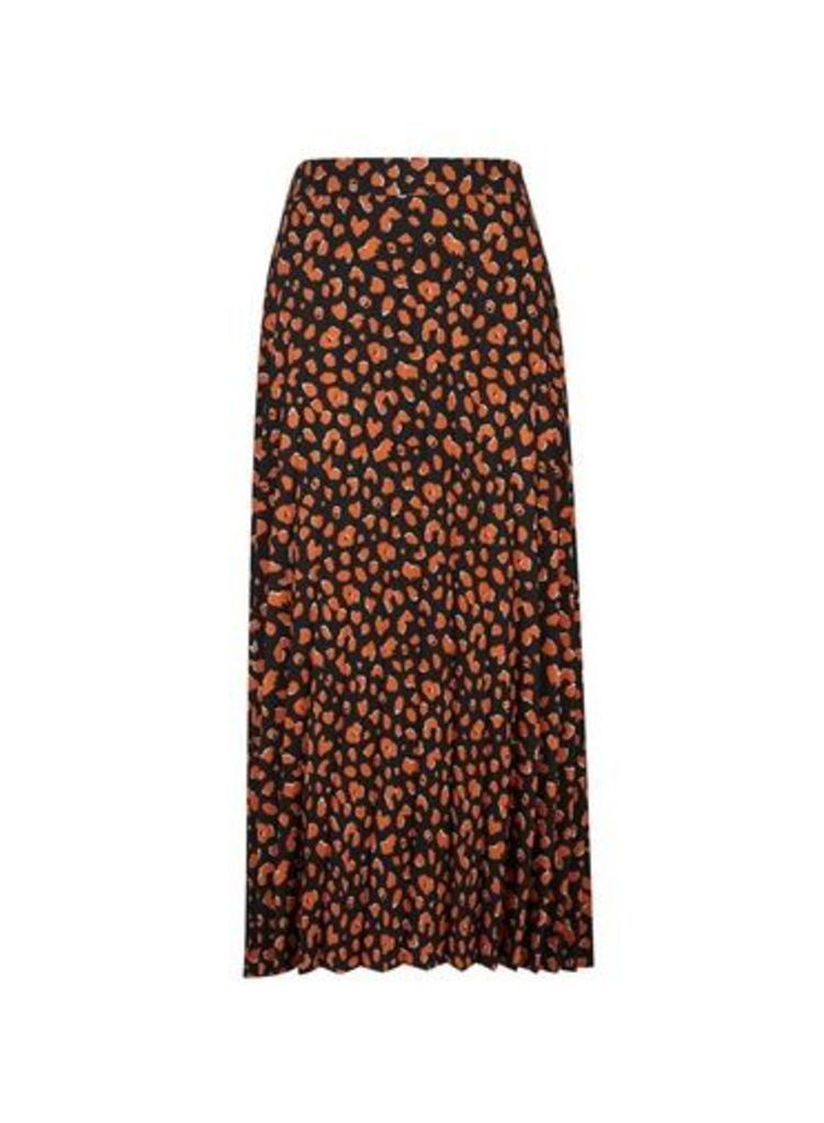 Womens Tall Black Cheetah Print Pleated Midi Skirt, Black