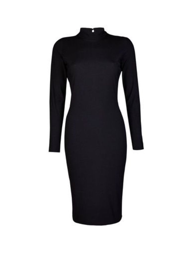 Womens Black High Neck Ribbed Bodycon Dress- Black, Black