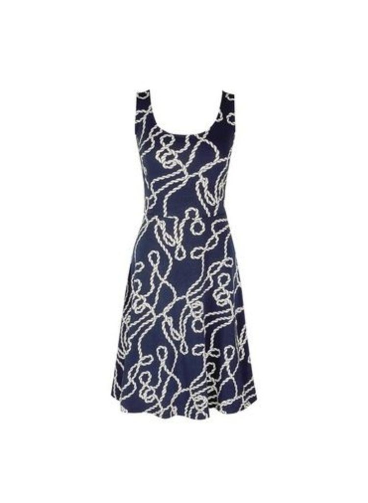 Womens Navy And White Rope Seamed Print Fit And Flare Dress- Blue, Blue