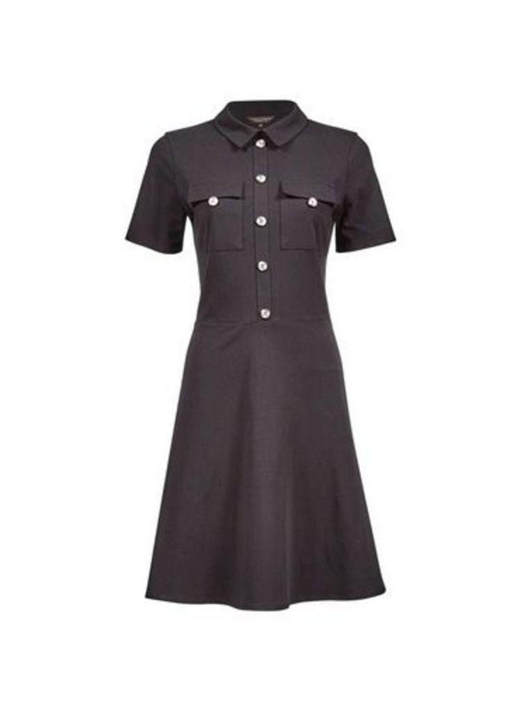 Womens Black Utility Horn Effect Button Fit And Flare Dress- Black, Black