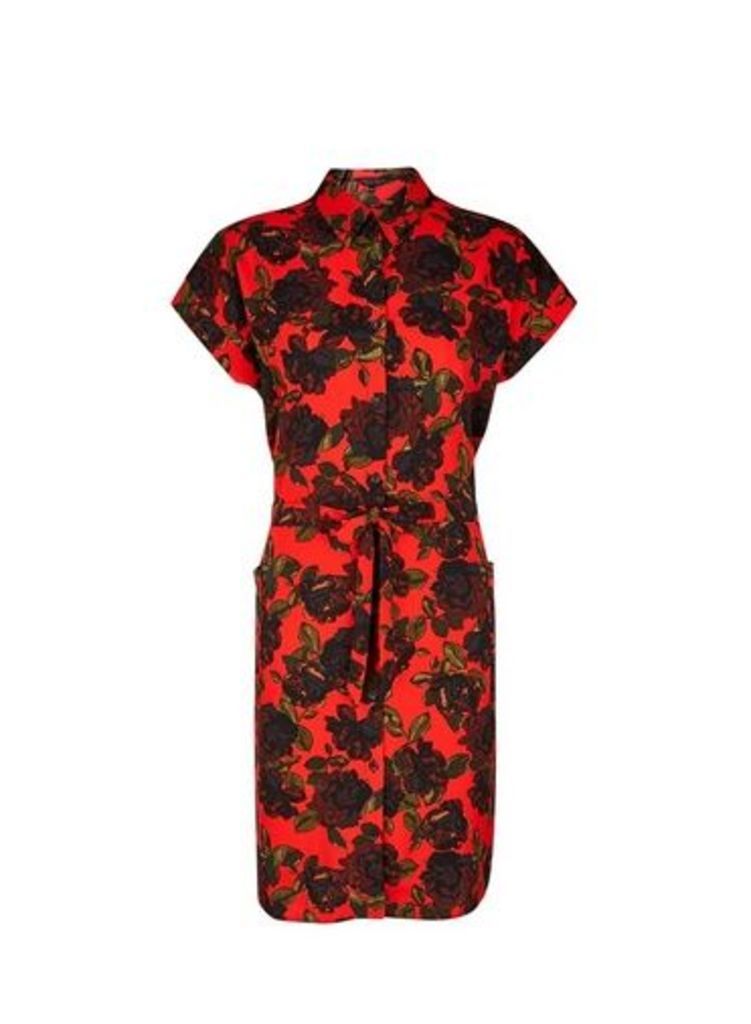 Womens Red Floral Print Shirt Dress- Red, Red