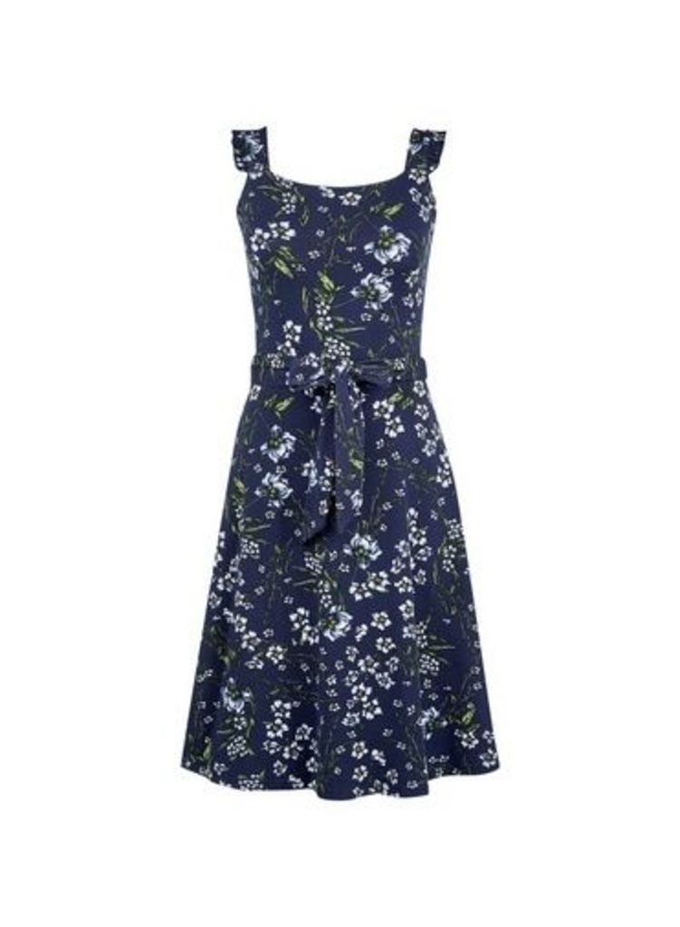 Womens Navy Ruffle Tie Fit And Flare Dress- Blue, Blue