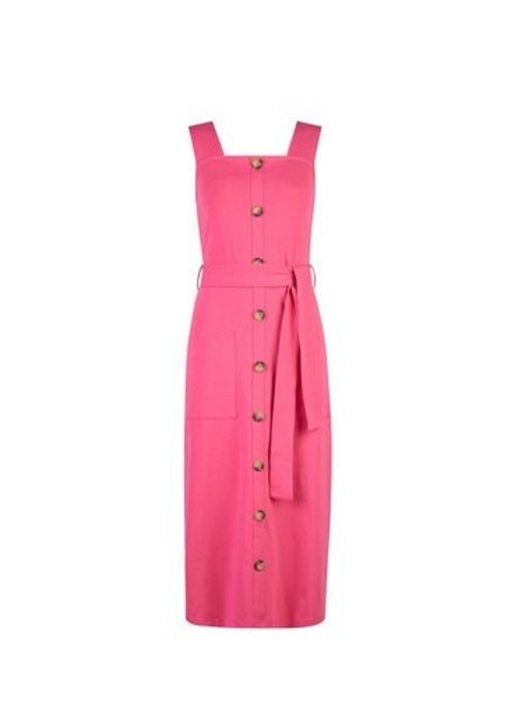 Womens Pink Belted Button Midi Dress- Pink, Pink