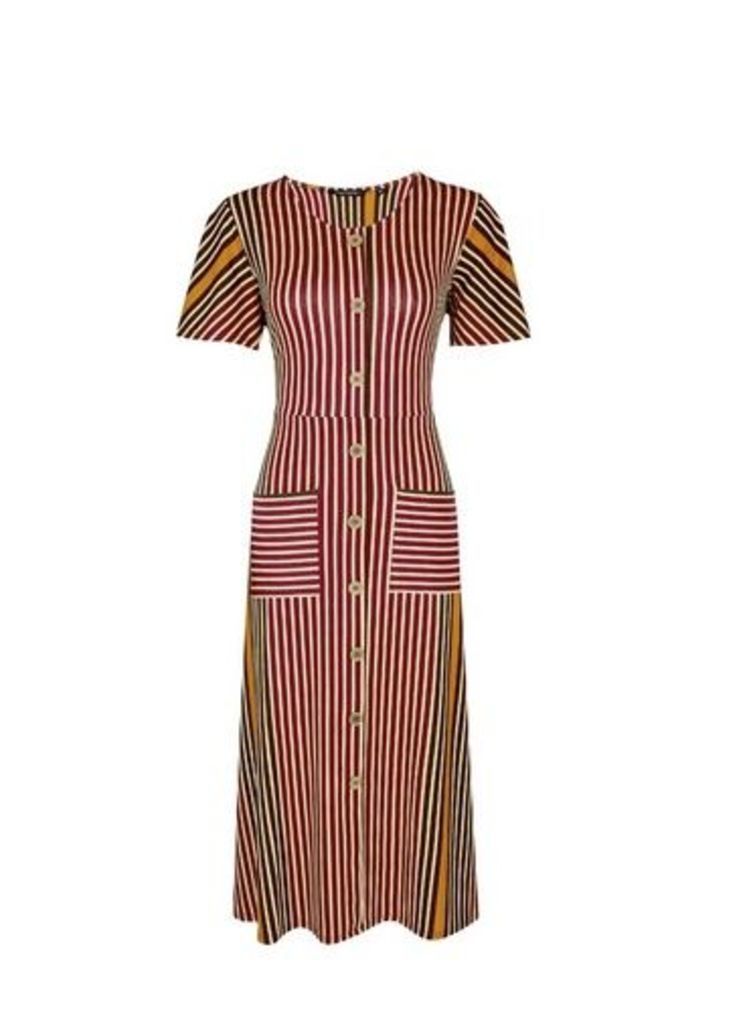 Womens Red Striped Button Midi Dress- Red, Red