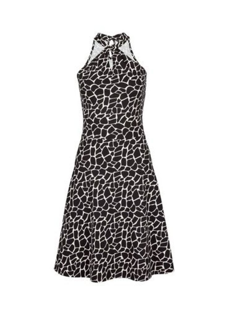 Womens Black Giraffe Print Twist Neck Fit And Flare Cotton Blend Dress, Black