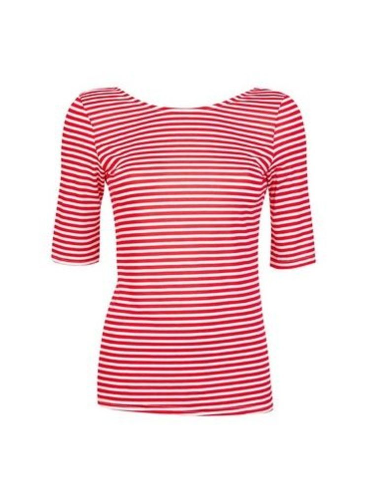 Womens Red Striped Scoop Back Top- Red, Red
