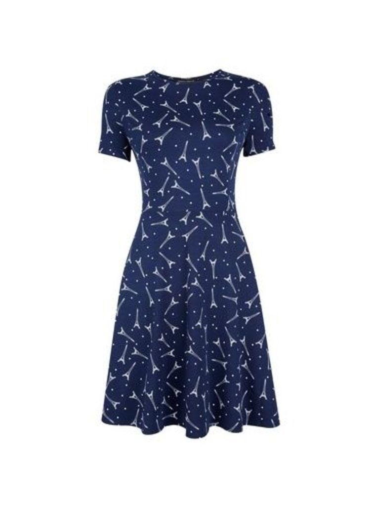 Womens Navy Short Sleeve Eiffel Tower Print Fit And Flare Dress- Black, Black