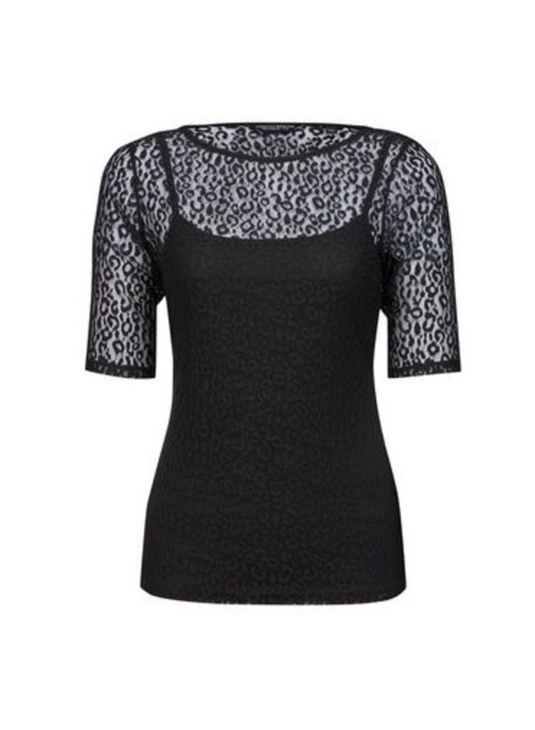 Womens Black Leopard Print Lace T-Shirt- Black, Black