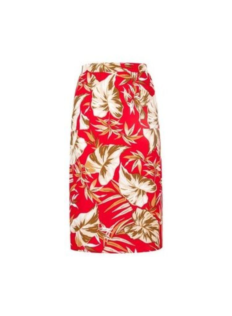 Womens Petite Red Tropical Print Skirt- Red, Red