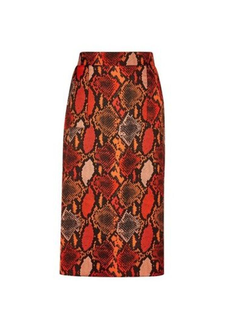 Womens Multi Colour Snake Print Midi Skirt- Orange, Orange