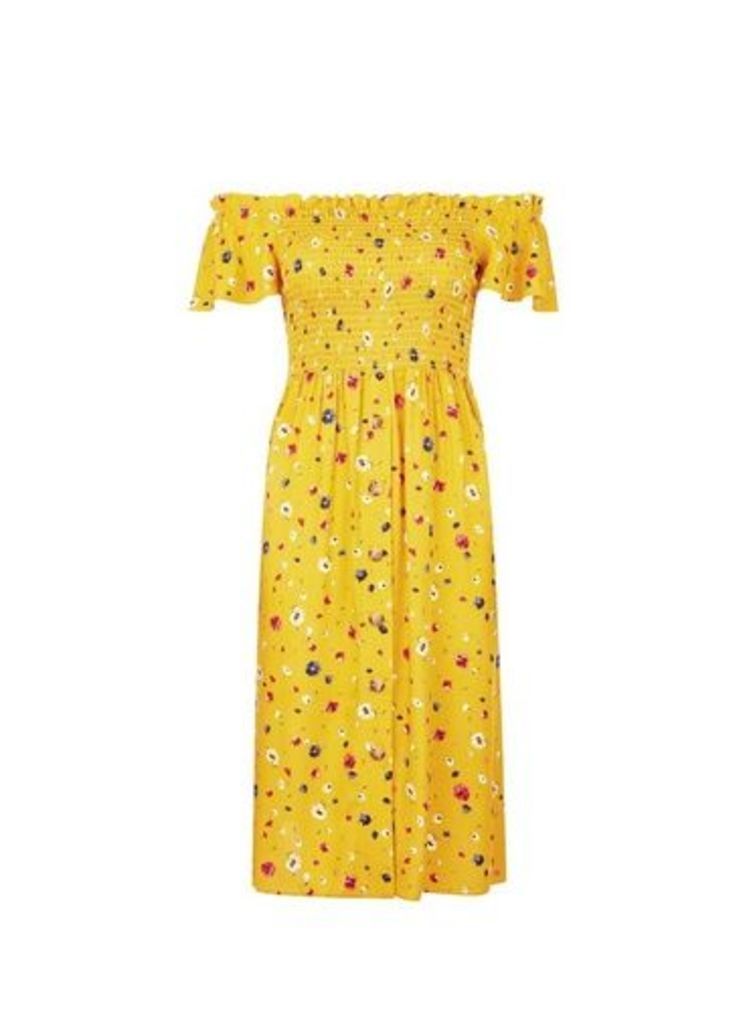 Womens Petite Yellow Ditsy Print Bardot Dress, Yellow
