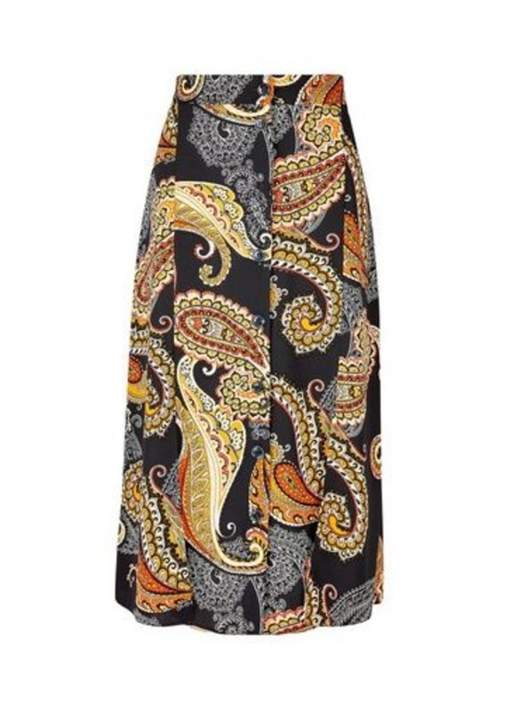 Womens Multi Coloured Paisley Print Button Midi Skirt- Red, Red