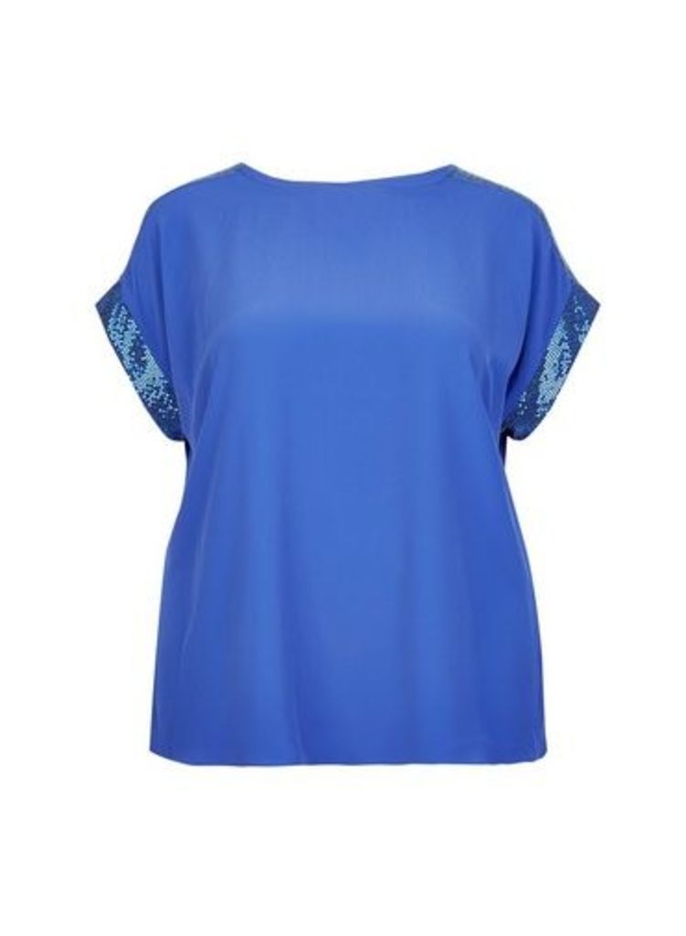Womens **Dp Curve Cobalt Sequin Trim Soft T-Shirt- Cobalt, Cobalt