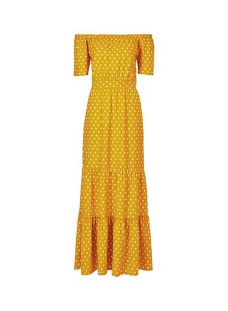 Womens Yellow Spot Print Bardot Tiered Maxi Dress - Orange, Orange