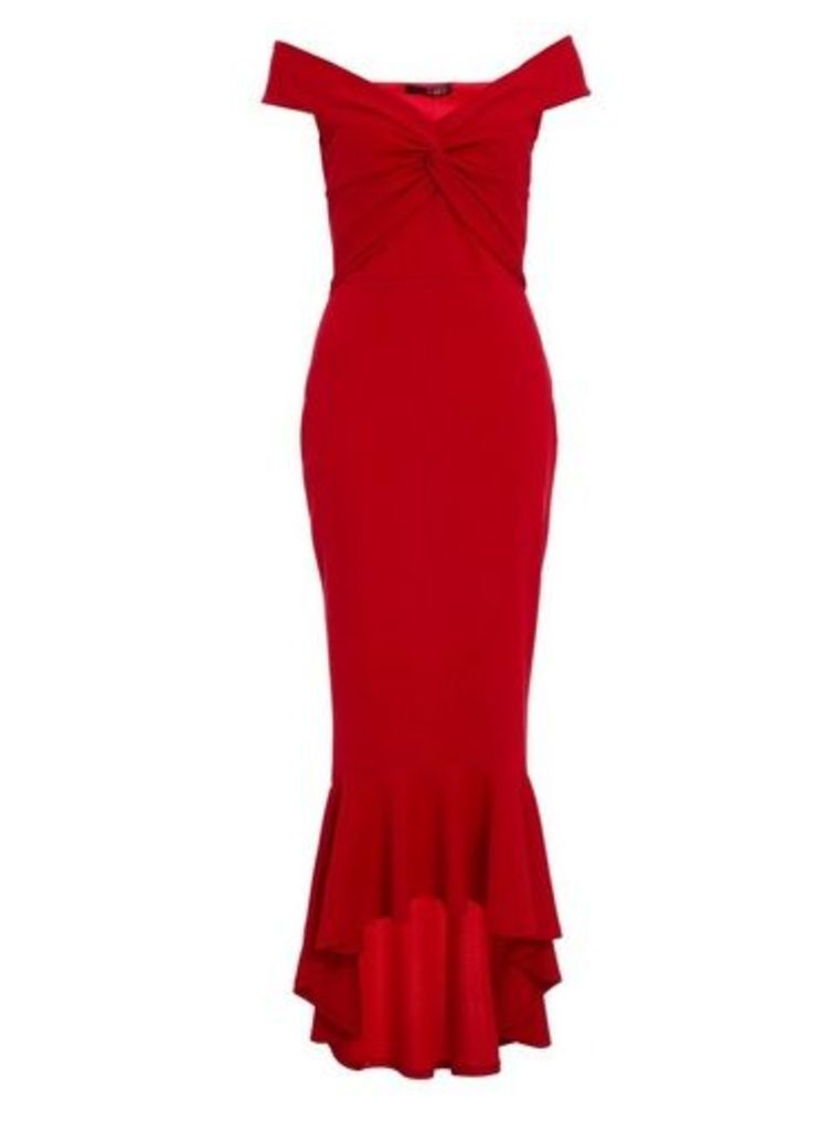 Womens Quiz Red Bardot Knot Front Maxi Dress, Red