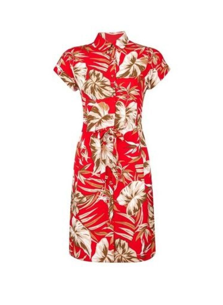 Womens Petite Red Tropical Print Shirt Dress- Red, Red