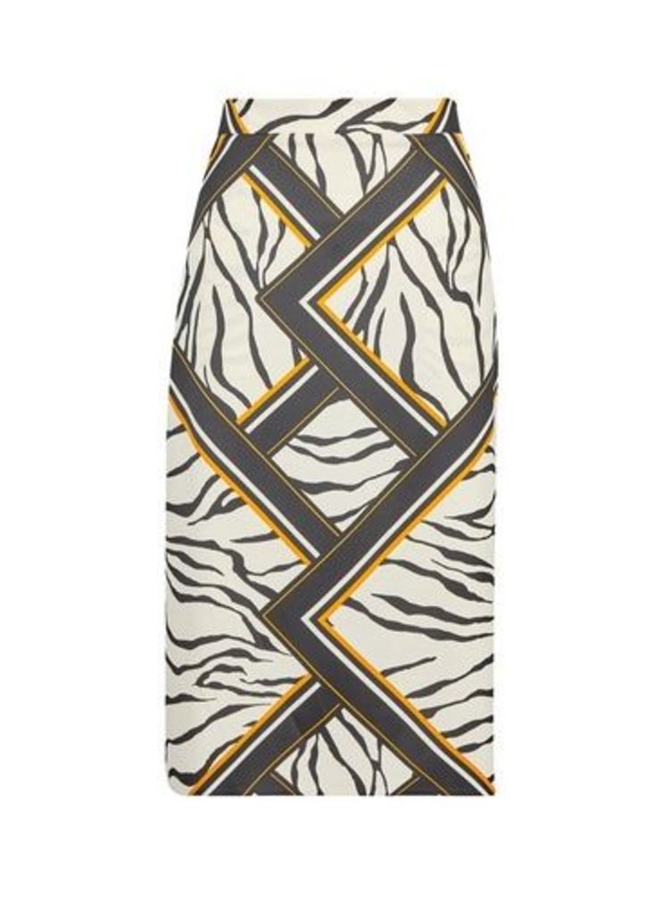 Womens Stone Zebra Print Midi Skirt- Multi Colour, Multi Colour