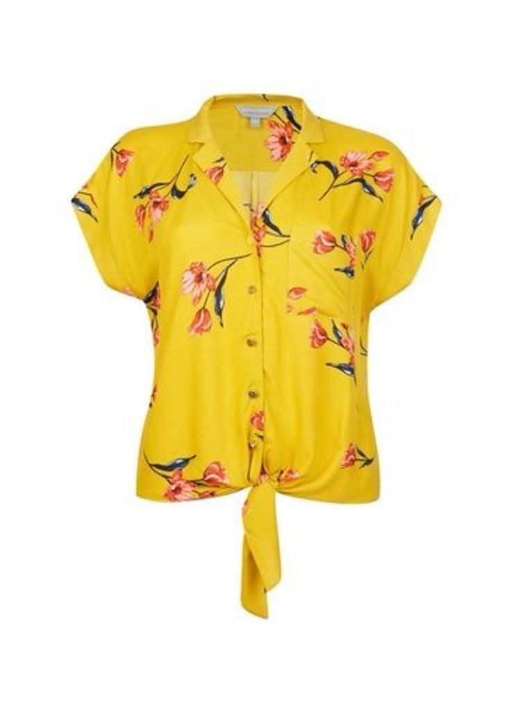 Womens Petite Yellow Floral Print Tie Blouse- Yellow, Yellow