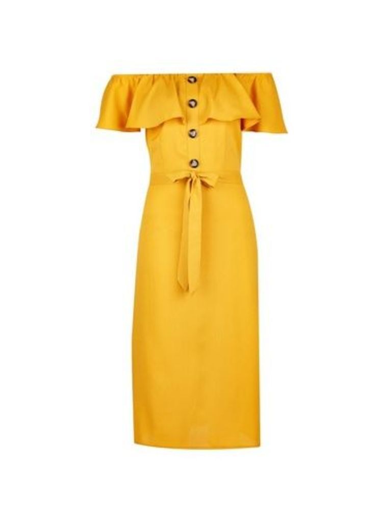 Womens **Yellow Button Through Bardot Dress - Orange, Orange