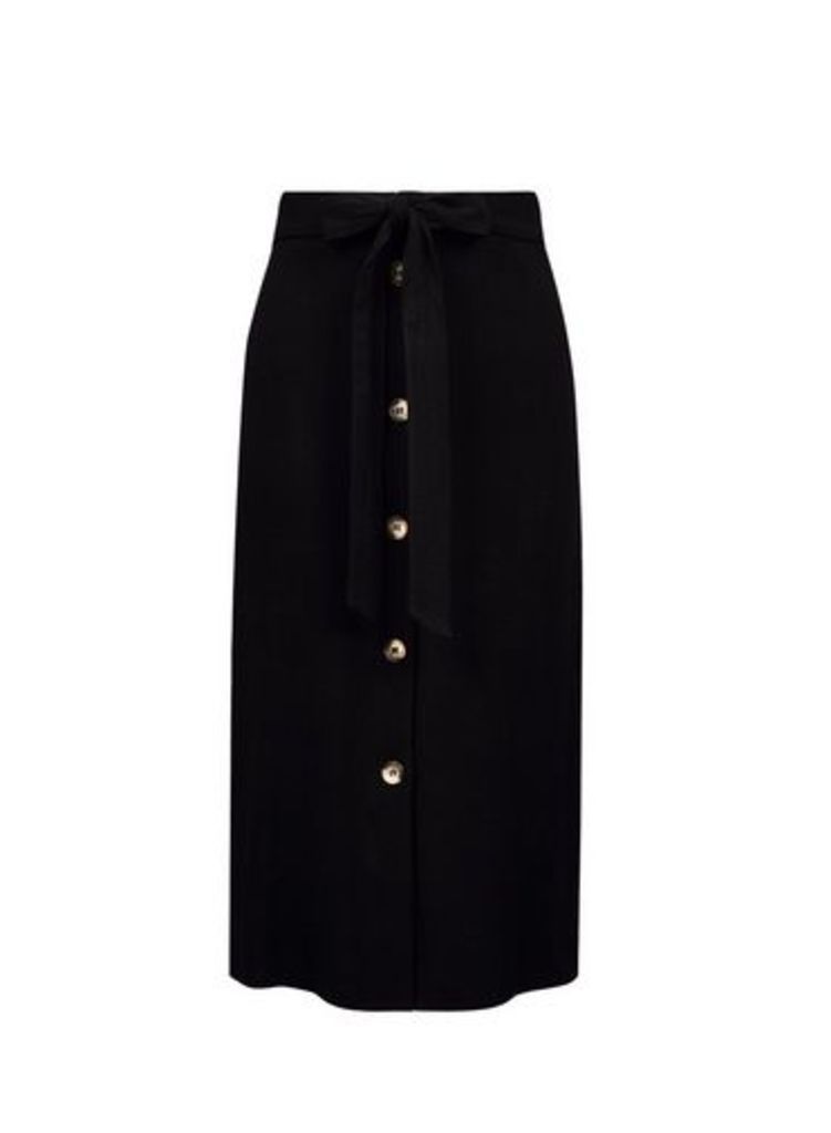 Womens Black Button Midi Skirt With Linen- Black, Black