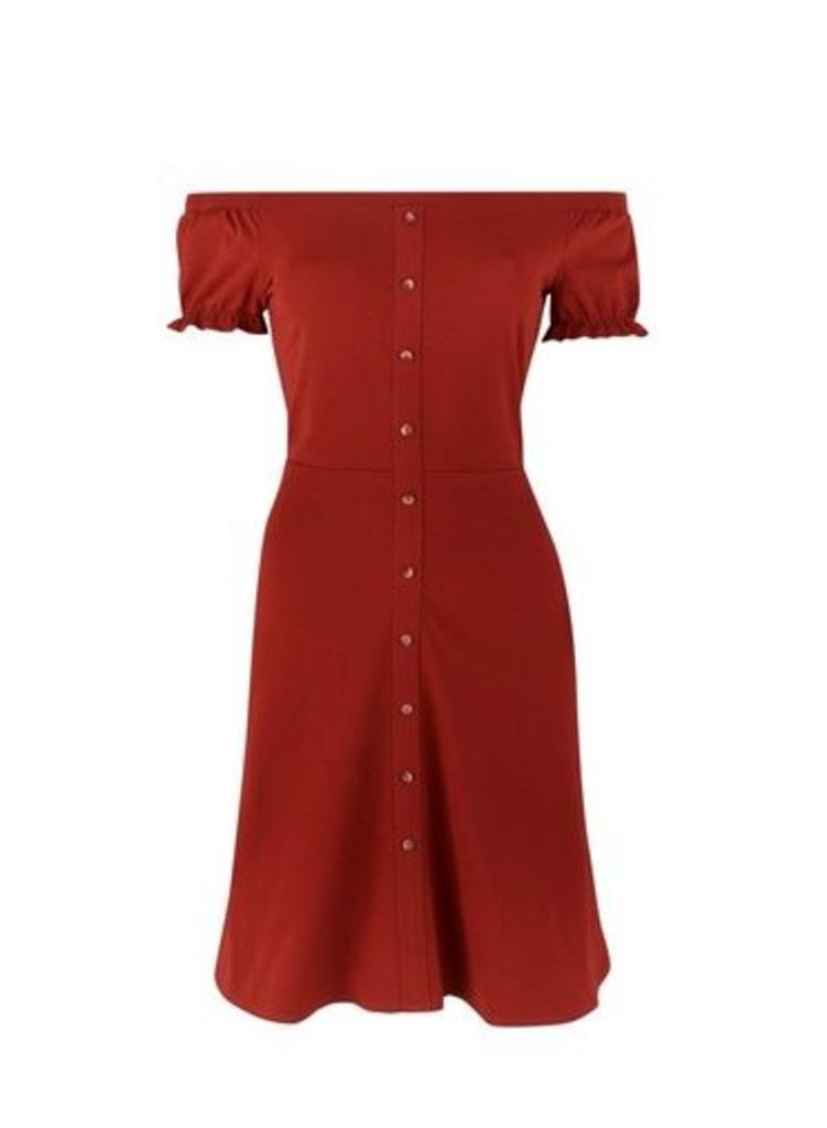 Womens Rust Button Bardot Fit And Flare Dress- Red, Red