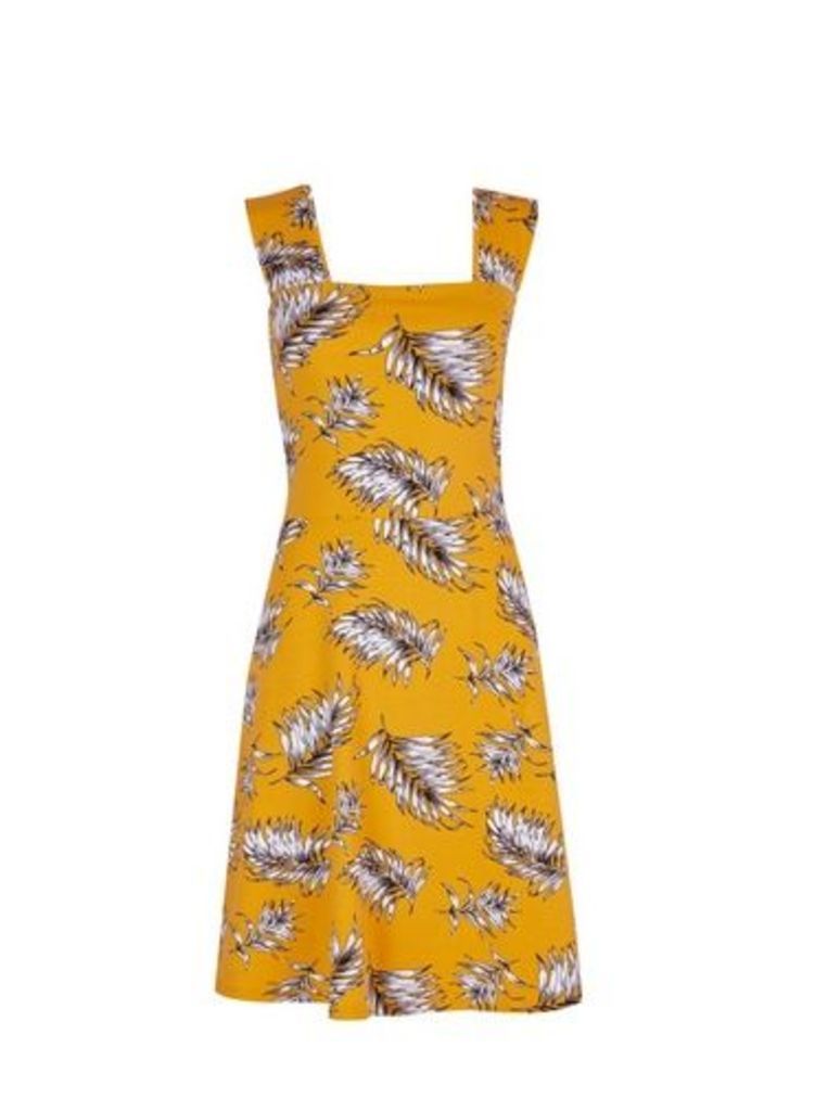 Womens Yellow Square Neck Print Fit And Flare Dress- Yellow, Yellow