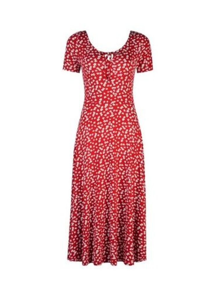 Womens Red And White Floral Print Short Sleeve Midi Dress- Red, Red