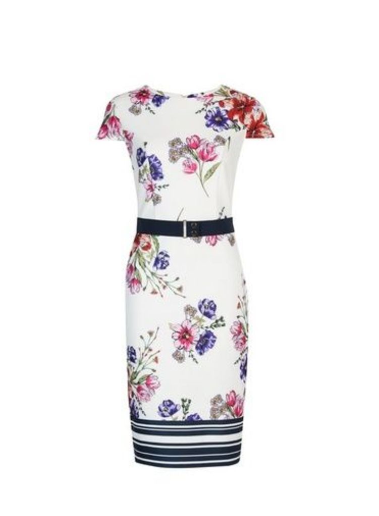 Womens Ivory Floral Print Scuba Belted Pencil Dress- White, White