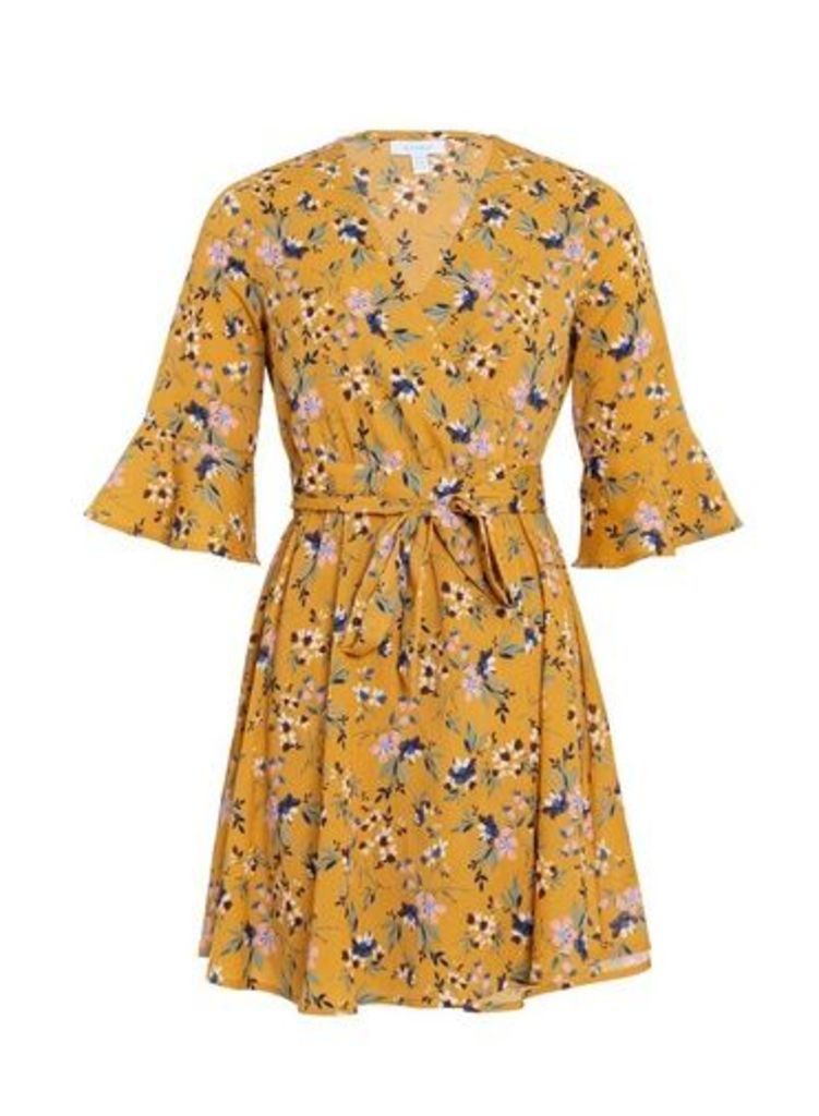 Womens *Blue Vanilla Multi Colour Floral Print Frill Sleeve Wrap Dress- Mustard, Mustard