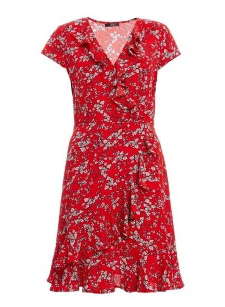 Womens *Quiz Red Floral Print Frill Dress- Red And White, Red And White