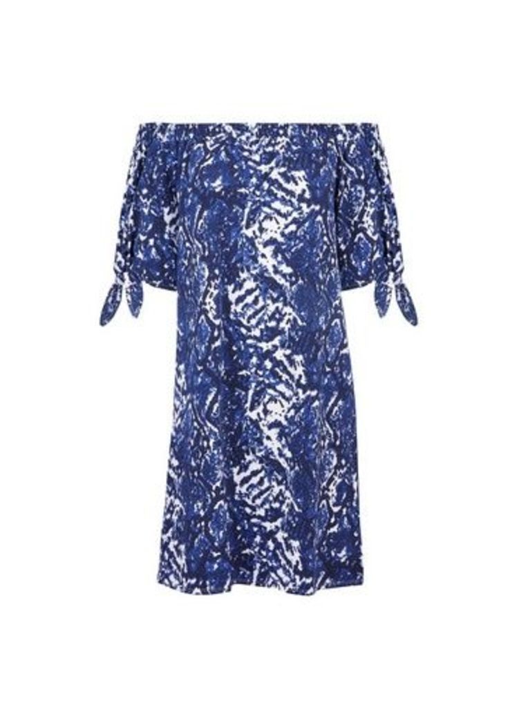 Womens Blue Snake Print Tie Sleeve Cotton Blend Bardot Dress, Blue