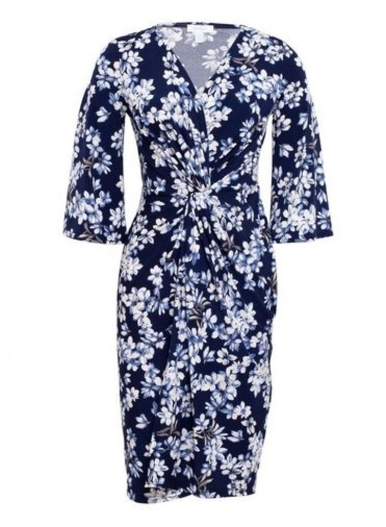 Womens Blue Vanilla Navy Floral Print Twist Front Wrap Dress, Navy